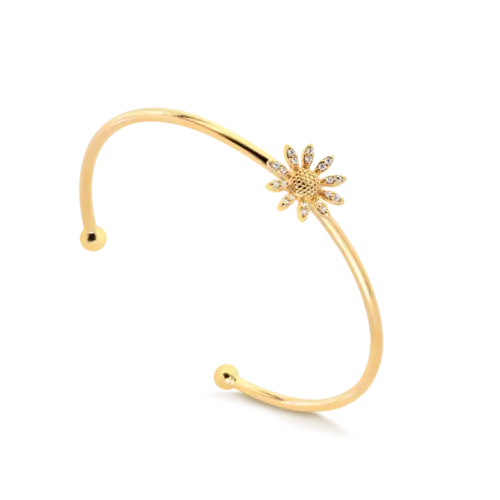 Bracelete Aberto Flor Margarida Com Zircônia Folheado a Ouro 18k