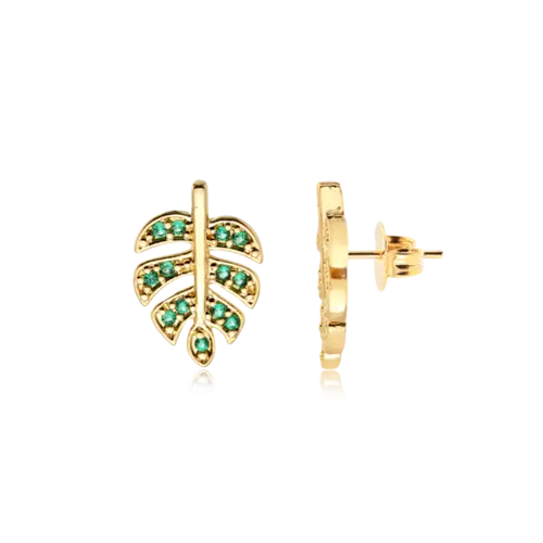 Brinco Folha Zircônia Folheado a Ouro 18k