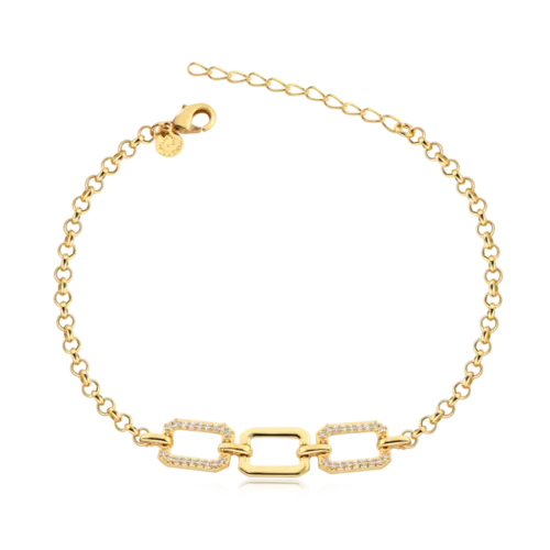 Pulseira Elos Retangulares Zircônias Folheada a Ouro 18k