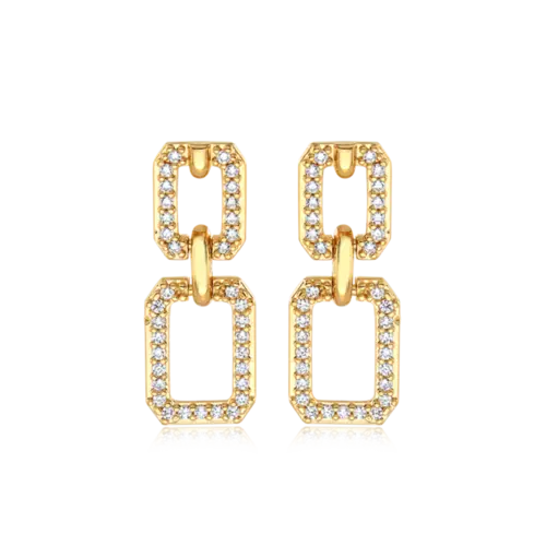 Brinco Elos Retangulares Zircônia Folheado a Ouro 18k