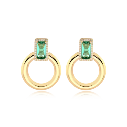 Brinco Circular Pedra Retangular Creavejado Folheado a Ouro 18k