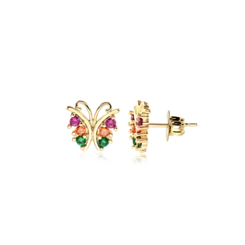 Brinco Borboleta Com Zircônias Coloridas Folheado a Ouro 18k