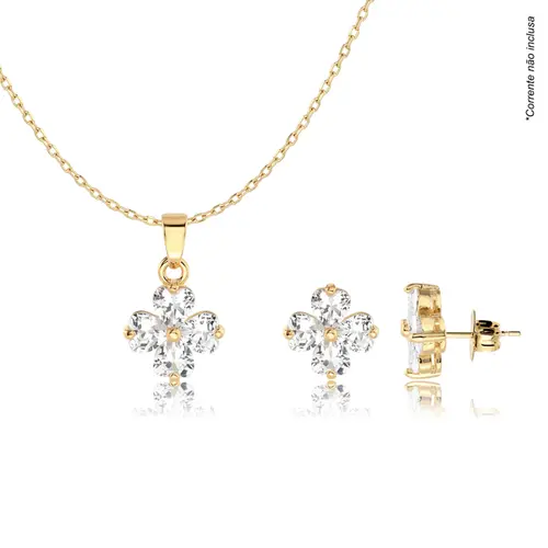 Conjunto Flor Pedra Folheado a Ouro 18k