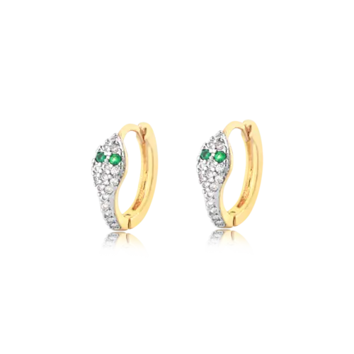 Argola Cobra Com Pedras de Zircônia Branca e Verde Folheado a Ouro 18k