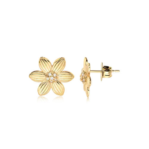 Brinco Flor Frisos Zircônia Folheado a Ouro 18k