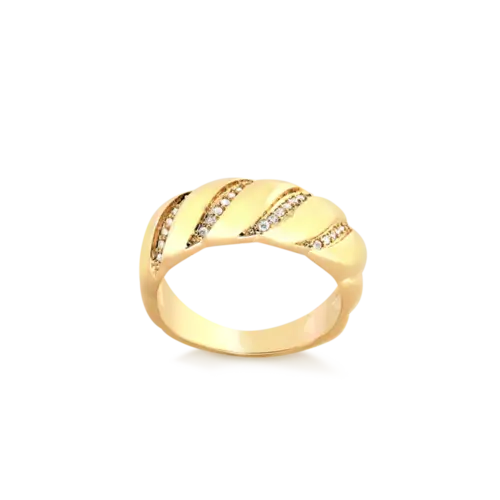 Anel Largo Detalhes Torcido Zircônia Folheado a Ouro 18k