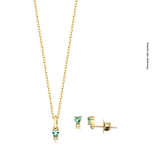 Conjunto Brinco e Pingente Zircônia Coração Folheado a Ouro 18k
